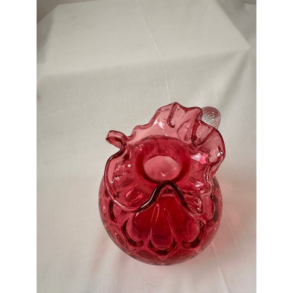 Fenton Cranberry Glass Pitcher Ruffled Rim Applied Reeded Handle Optic Rib Red - Picture 8 of 13